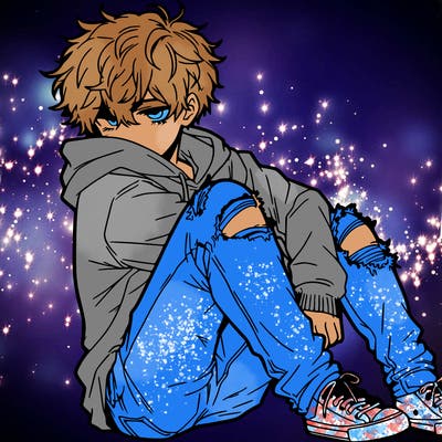 a male hoddie ripped jeans messy hair anime