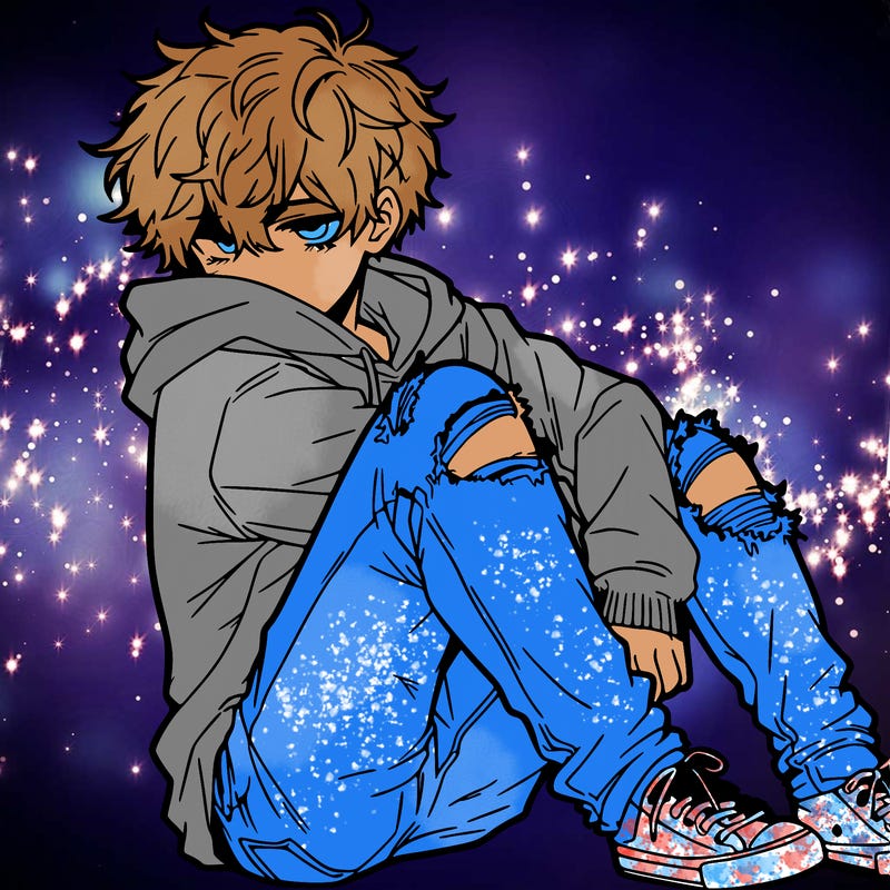 a male hoddie ripped jeans messy hair anime
