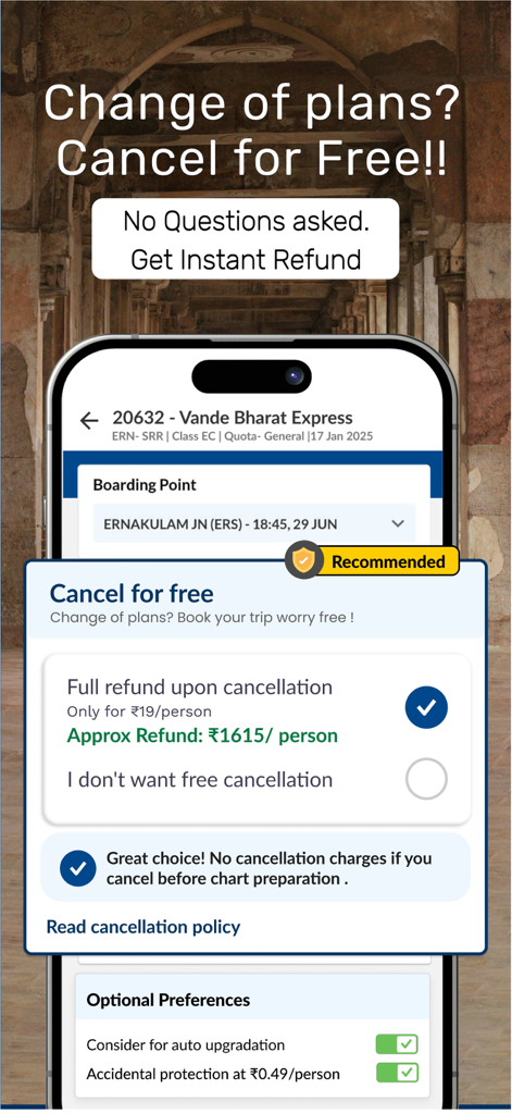 RailYatri app screen showing free train ticket cancellation and instant refund options