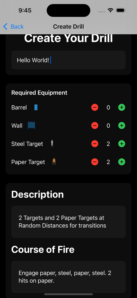 Drills 4 Skills - Interface of the Drills 4 Skills app showing how to create a custom shooting drill with equipment and instructions