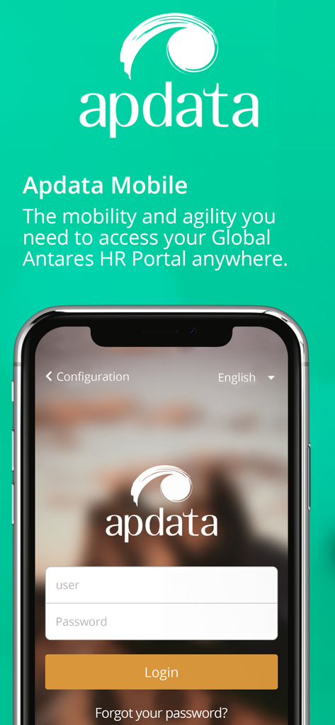 Apdata Mobile - スマートフォンに表示されたApdata Mobile HRポータルアプリのログイン画面