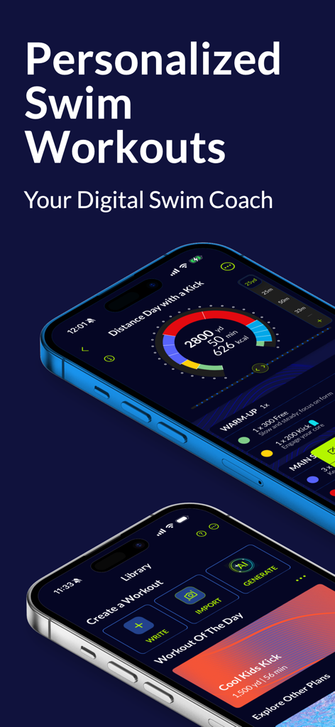 Two smartphones displaying the MySwimPro app interface with personalized swim workouts and a digital swim coach dashboard