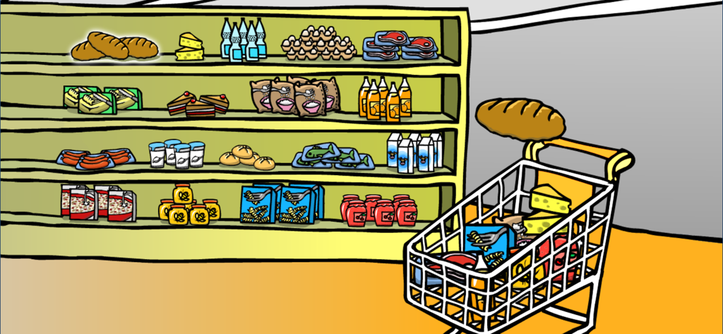 Learning German Mumbro Zinell - ドイツ語の語彙を学ぶためのカートゥーンのスーパーマーケットの棚とショッピングカート