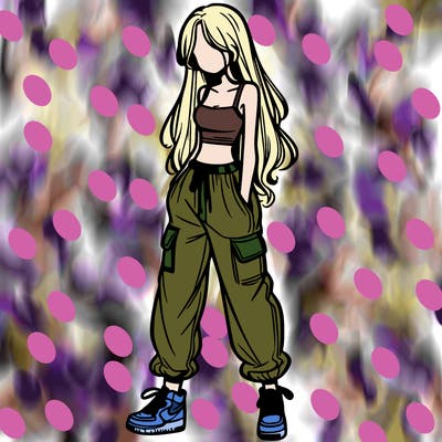 girl in baggy pants crop top and long hair
