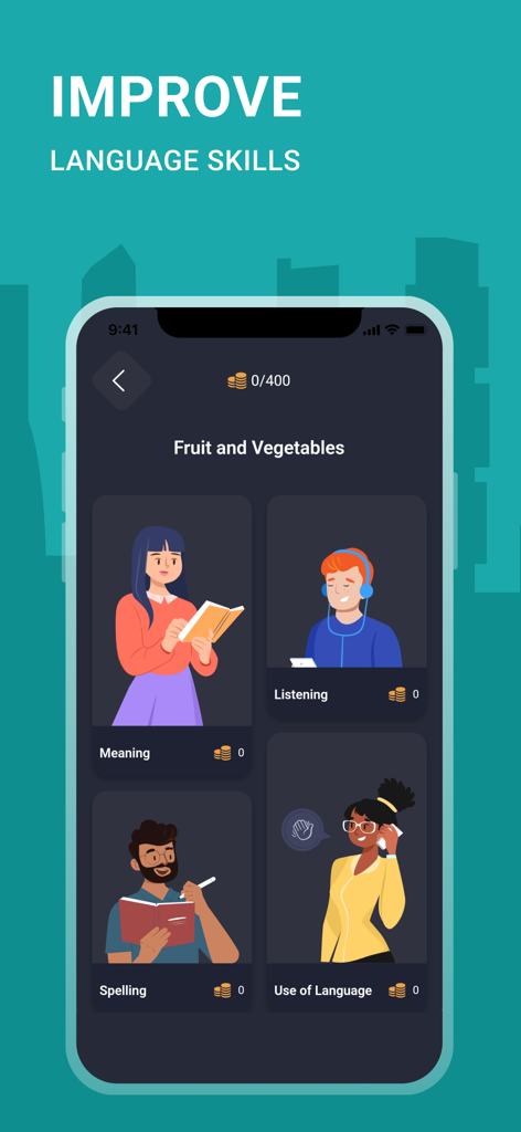 Spanish Words A1-B1 | 2Shine - Interface de um aplicativo móvel para aprender palavras em espanhol com seções para significado, audição, ortografia e uso do idioma