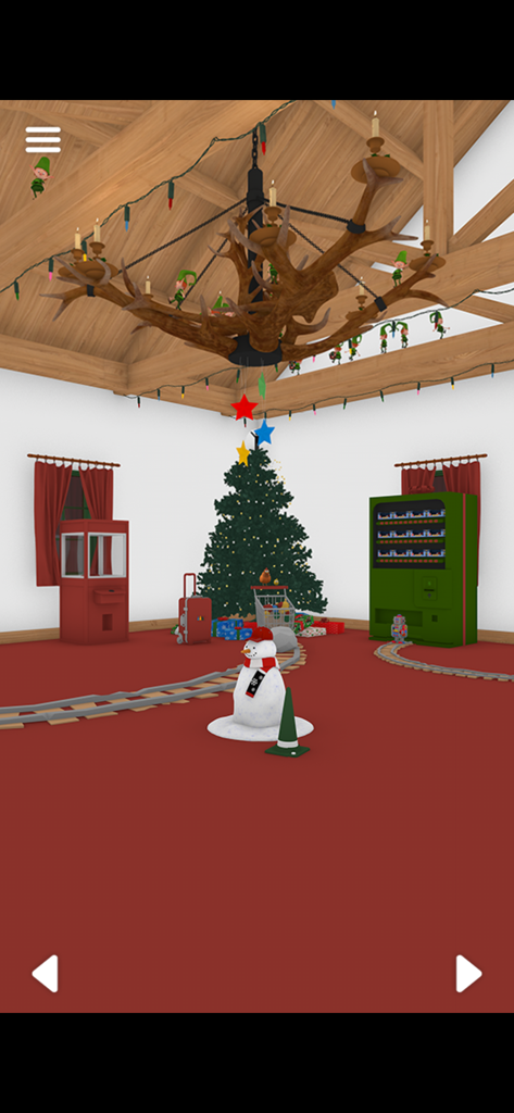 Escape Game: Ho Ho Ho! - Ein gemütlicher Weihnachts-Escape-Room mit einem geschmückten Baum, einem Schneemann und einem Geweih-Kronleuchter
