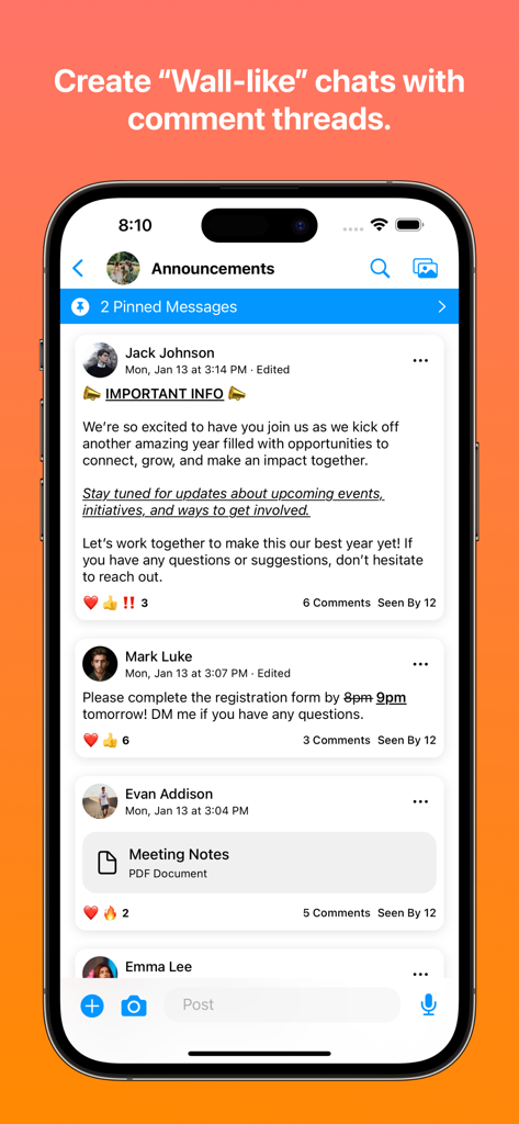 The Flare app interface displaying a group announcements wall with nested comments and pinned messages