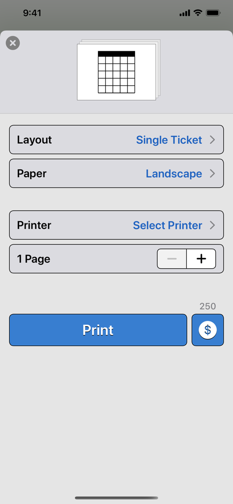 Bingo Card - Ticket Generator - Print settings screen in Bingo Card app showing layout, paper orientation, and printer selection options.