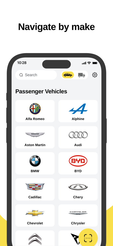 ANCAP RESCUE - A smartphone screen displaying a grid of car manufacturer logos under the heading Navigate by make in the ANCAP RESCUE app