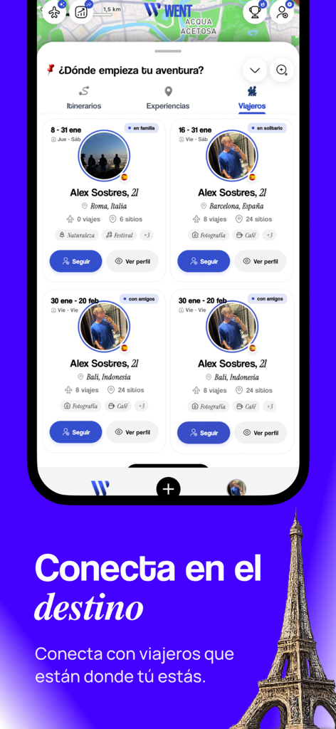 User profiles of travelers in the Went App for connecting with people at the same destination.