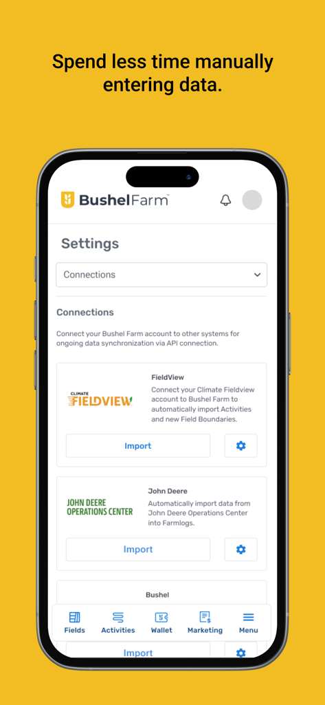 Bushel Farm - Pantalla de conexiones de la aplicación Bushel Farm para la sincronización de datos con John Deere y Climate FieldView.