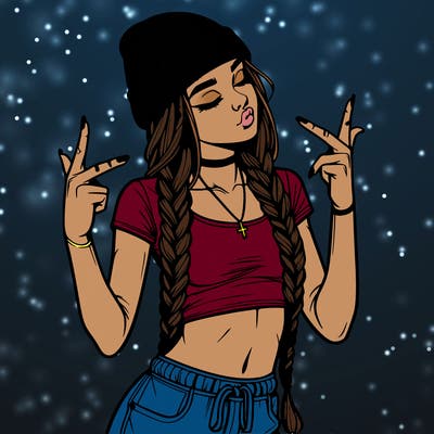 realistic teenage girl with braids and a beanie and crop top doing 🫶🏼