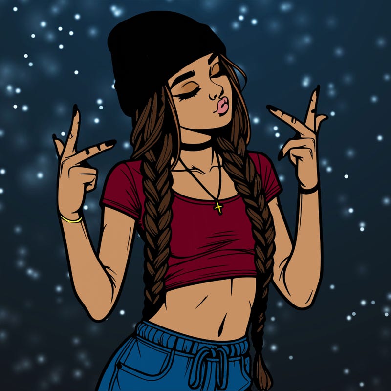 realistic teenage girl with braids and a beanie and crop top doing 🫶🏼