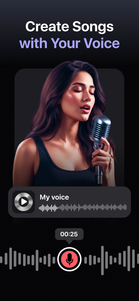 AI Song Music Generator: Muzio - Muzio app interface showing the feature to create AI songs with your own voice