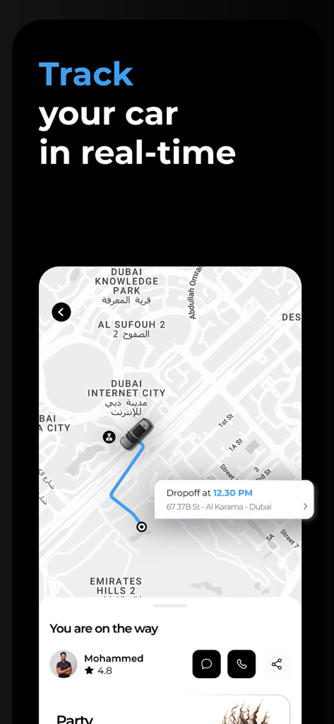Zofeur - Hire a Safe Driver. - Zofeur app interface showing a map for real-time tracking of a car with a personal chauffeur