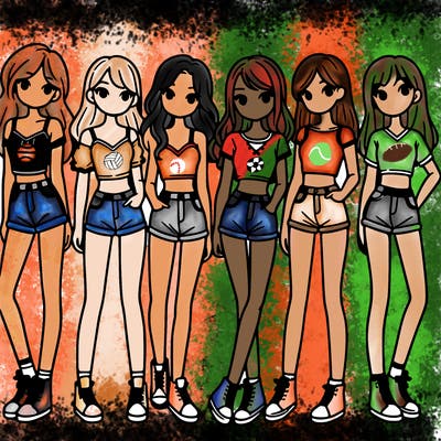a group of girls wearing crop tops and shorts