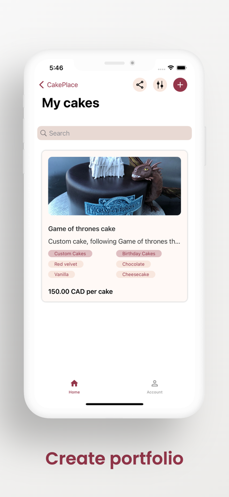 CakePlace - Interface of the CakePlace app displaying a custom cake in a bakers digital portfolio