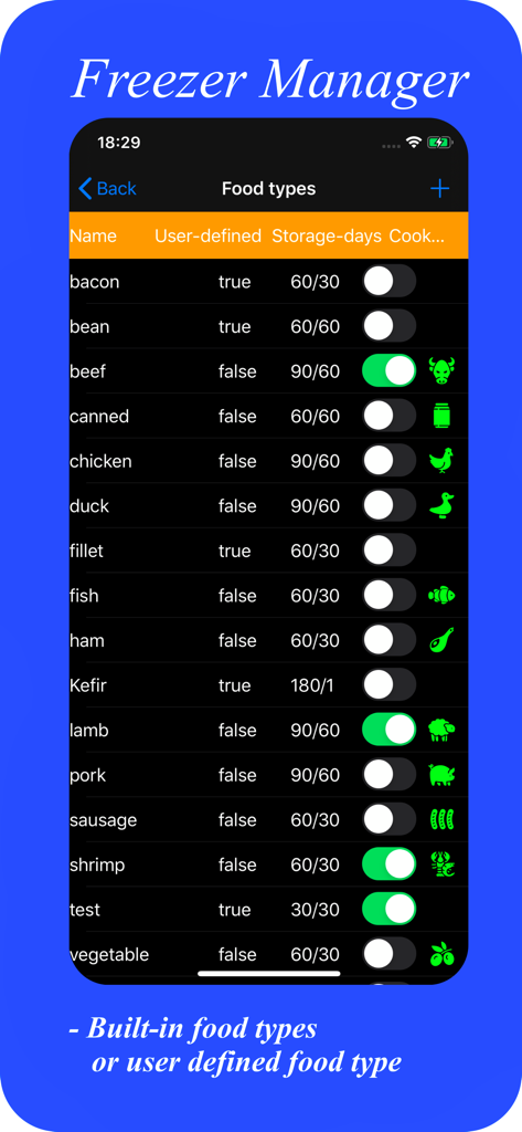FreezerManager - Une capture d'écran de l'application FreezerManager affichant une liste de types d'aliments intégrés et définis par l'utilisateur avec des paramètres de durée de conservation.