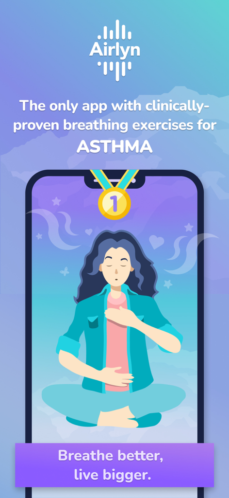 Airyn, the asthma app - Airlyn app screen featuring clinically proven breathing exercises for asthma management.