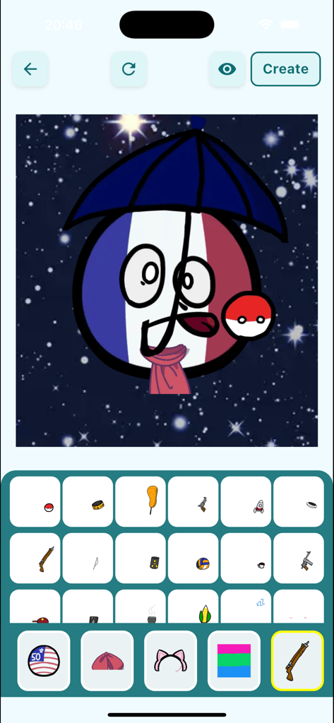 Country Ball Avatar Maker - Interface of the Country Ball Avatar Maker app featuring a custom France character with an umbrella