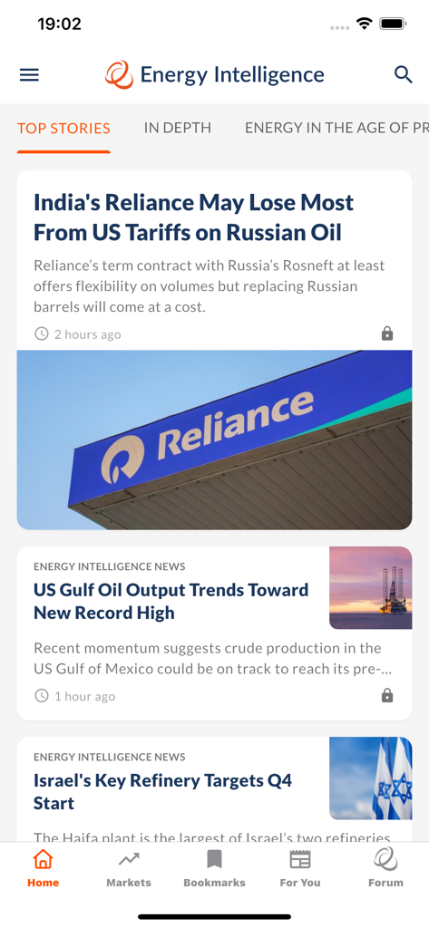 Energy Intelligence - Schermata principale dell'app Energy Intelligence che mostra le principali notizie sul mercato energetico globale