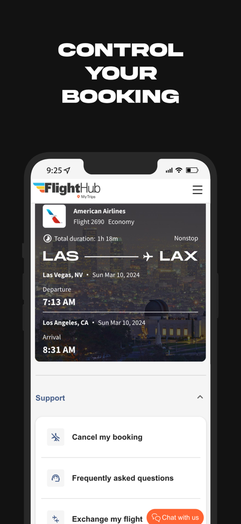 FlightHub - Find Travel Deals - A smartphone screen displaying the FlightHub app booking management interface with options to cancel or exchange a flight and access customer support.