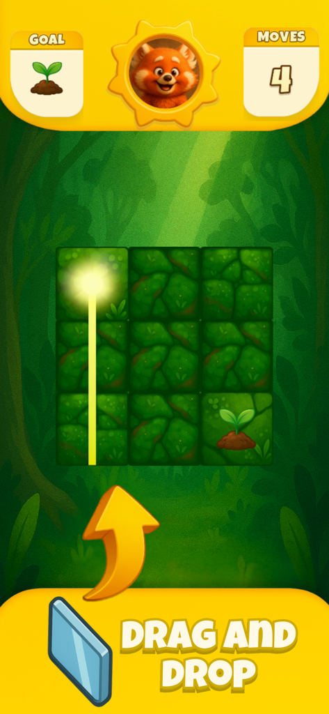 Light Bloom: Puzzle Game - Pantalla de tutorial que muestra cómo arrastrar y soltar espejos para reflejar haces de luz en el juego de puzles Light Bloom