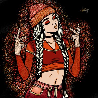 realistic teenage girl with braids and a beanie and crop top doing 🫶🏼