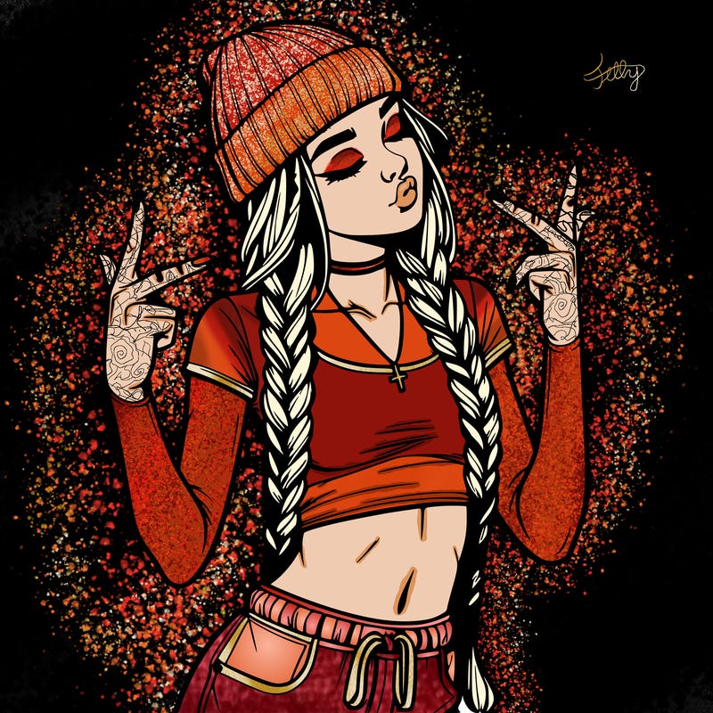 realistic teenage girl with braids and a beanie and crop top doing 🫶🏼