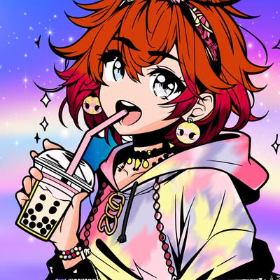 hot baddie anime girl drinking boba and biting the straw