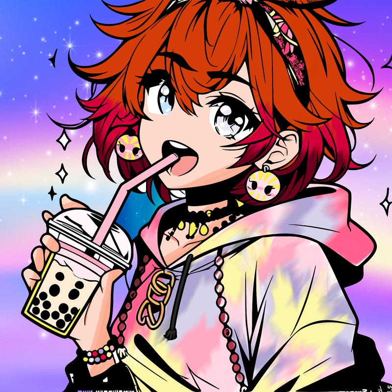 hot baddie anime girl drinking boba and biting the straw