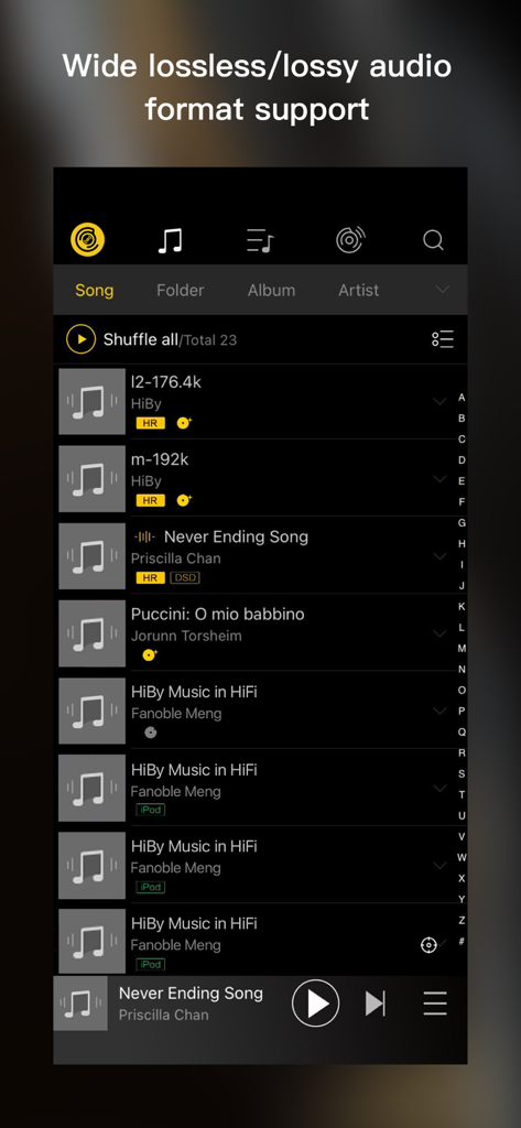 HiByMusic - Interface de l'application HiByMusic affichant une liste de chansons avec des indicateurs de format audio sans perte et haute résolution.