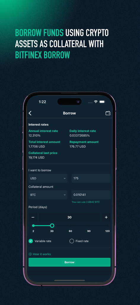 Interfaccia dell'app mobile Bitfinex per prendere in prestito fondi con collaterale crypto