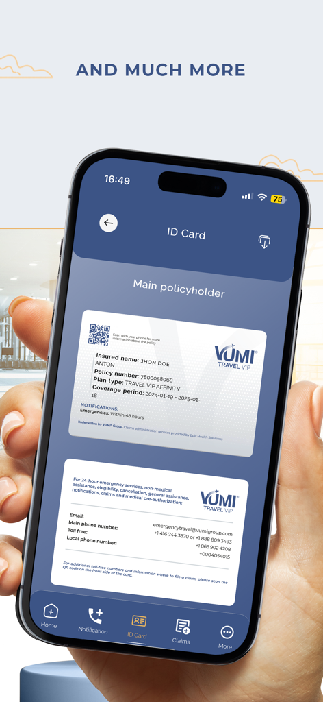 VUMI Travel VIP - Digital insurance ID card display in the VUMI Travel VIP mobile app
