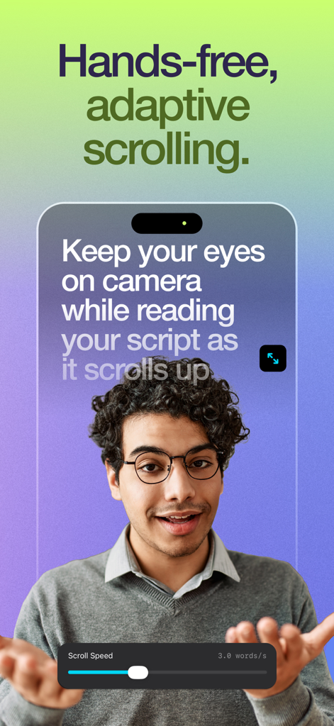 CueCam: Video Teleprompter - Un creador usando la aplicación de teleprompter CueCam con desplazamiento adaptativo de texto para mantener el contacto visual durante la grabación del vídeo.