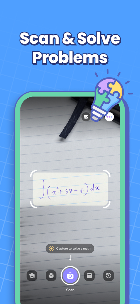 MathPro・AI Photo Math Solver - MathPro app scanning a handwritten calculus equation to provide an instant solution.