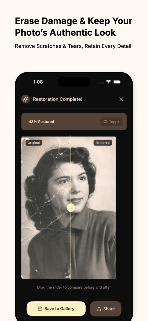 Family Photo Restore - Comparación del antes y el después de una foto antigua siendo restaurada con grietas y arañazos eliminados.