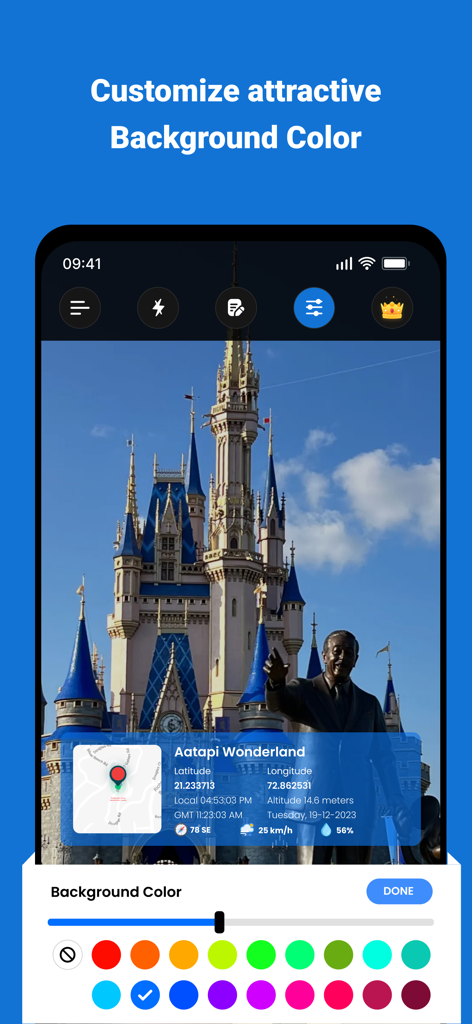 Interfaz de la aplicación GPS Map Camera para elegir un color de fondo personalizado para la superposición de información de geotag.