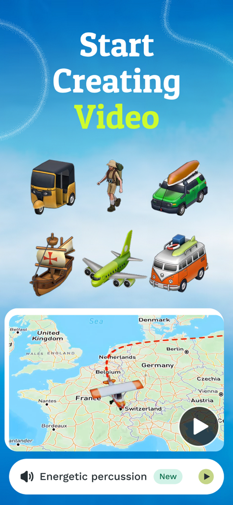 Interface of Travel Animator app showing a map with a flight path and various travel vehicle icons