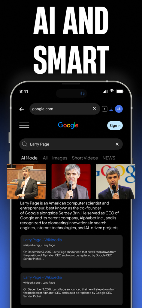 Private Browser - dip - Smartphone-Bildschirm zeigt den dip Private Browser mit aktiviertem AI-Suchmodus