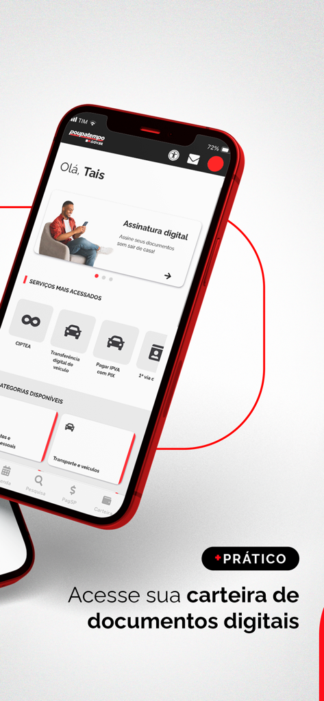 L'écran d'accueil de l'application Poupatempo SP.GOV.BR sur un smartphone affichant les services numériques et les fonctionnalités du portefeuille de documents.