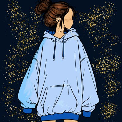 realistic girl with a oversized sweatshirt on and a bun