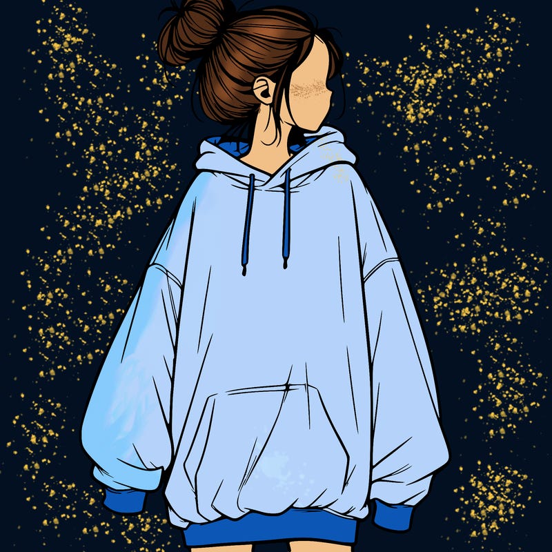 realistic girl with a oversized sweatshirt on and a bun