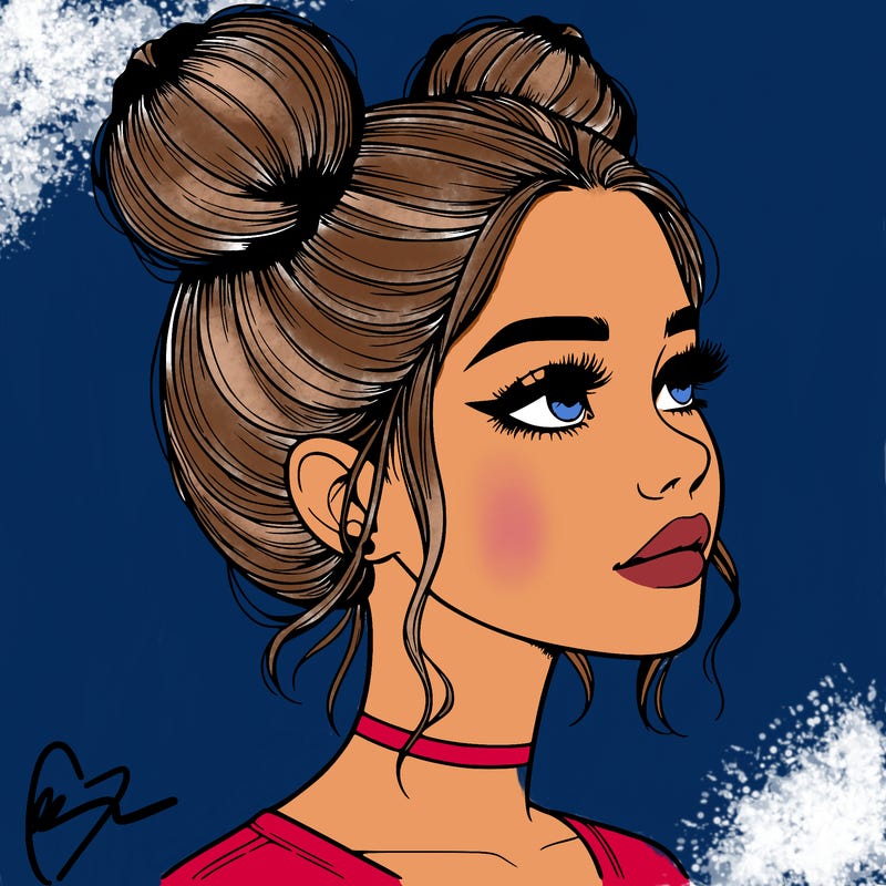 realistic girl with buns on the top of her head