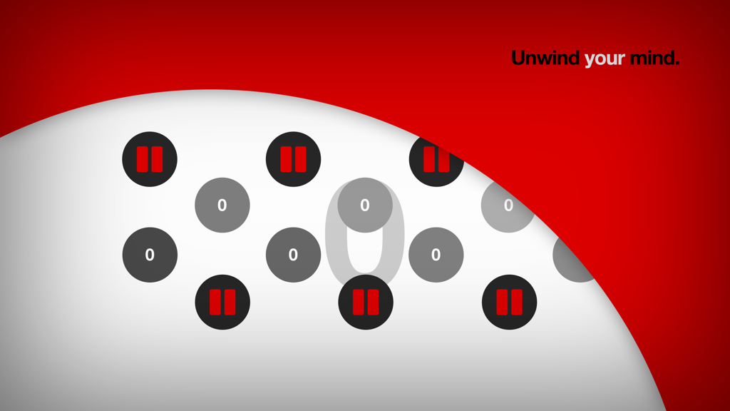 Hundreds - Pantalla minimalista de Hundreds, juego de puzles, con círculos grises y negros y el lema 'Relaja tu mente'.