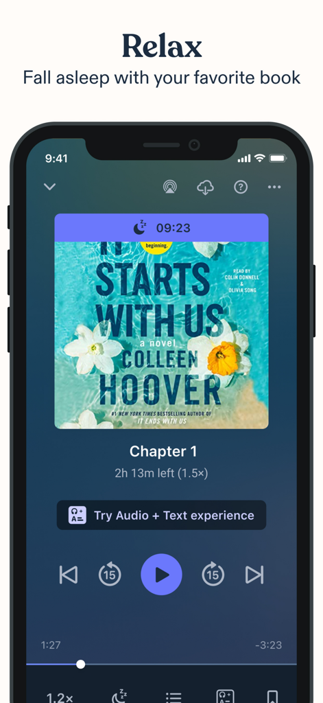 Speechify Books: Read & Listen - Speechify Books app interface showing a sleep timer feature while playing the audiobook It Starts With Us by Colleen Hoover