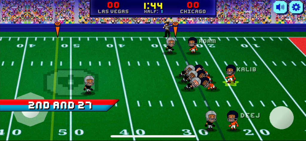 Football Bros - Football Bros retro pixel art mobile gameplay showing Las Vegas vs Chicago on the field
