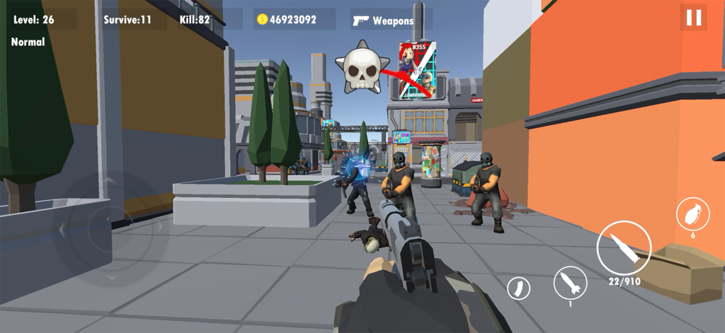 Survival: Offline Zombie War - First person shooter gameplay of Survival Offline Zombie War showing combat in a city