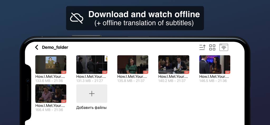 Liquid Player: Save Video - Liquid Player interface showing a folder of saved videos for offline watching and subtitle translation