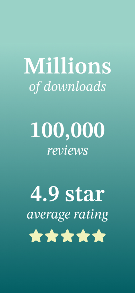 Abide: Bible Prayer Meditation - Prueba social de la aplicación Abide que muestra millones de descargas y una calificación de 4.9 estrellas basada en 100,000 reseñas